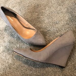 Express Gray faux suede pointed toe wedge heels